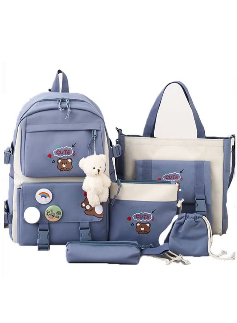 Topyich 5 Pieces School Bags for Girls, Aesthetic Backpack for School Teenage Girls' Daily Necessities, Multi-Functional School Bag with Charm and Pins, Pencil Case, Tote School Bag, Small Bag  - Image 2