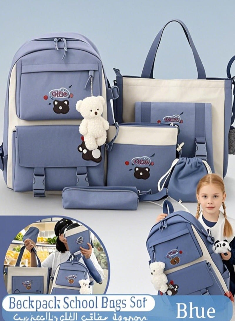 Topyich 5 Pieces School Bags for Girls, Aesthetic Backpack for School Teenage Girls' Daily Necessities, Multi-Functional School Bag with Charm and Pins, Pencil Case, Tote School Bag, Small Bag  - Image 1