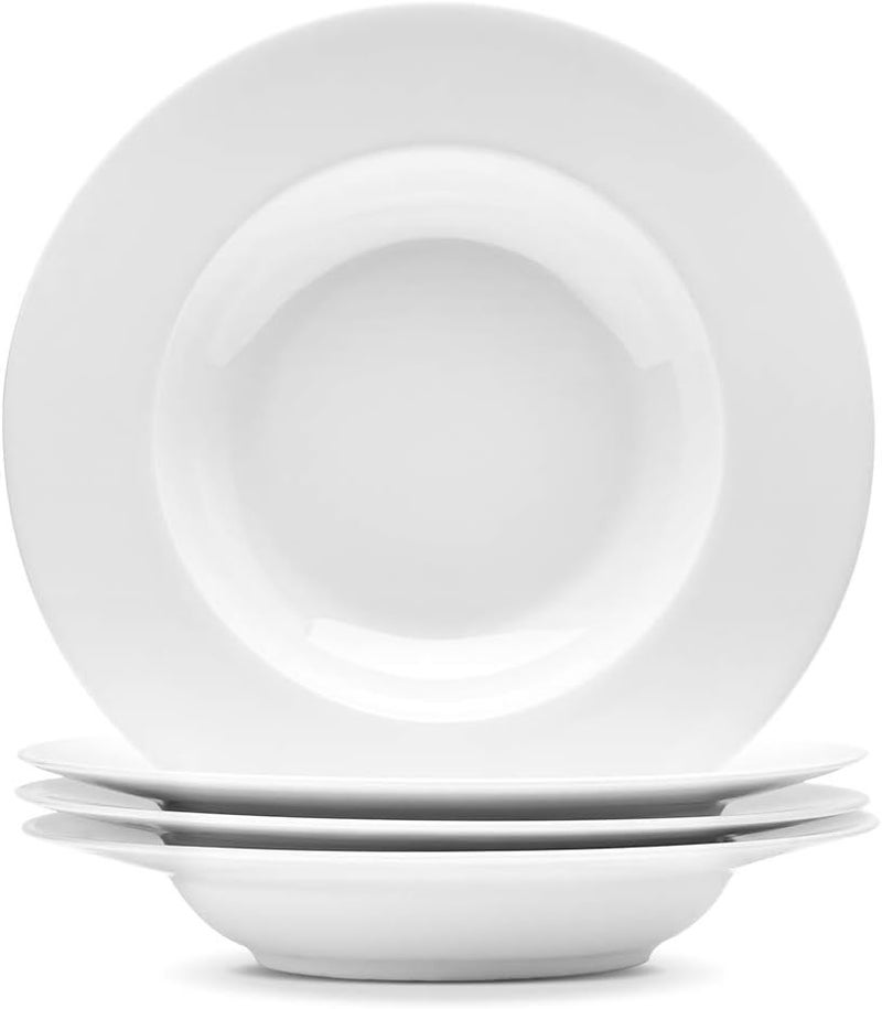 Artena 10 Ounce Pasta Bowls Set of 4 Elegant White Soup Bowls Wide Rim Salad Bowl Premium Porcelain Pasta Plate Bowl Shallow Soup Plates for Eating Microwave Dishwasher Oven Safe Bowls - Image 1
