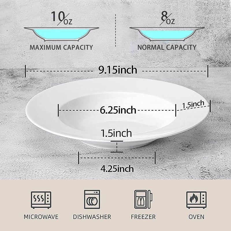 Artena 10 Ounce Pasta Bowls Set of 4 Elegant White Soup Bowls Wide Rim Salad Bowl Premium Porcelain Pasta Plate Bowl Shallow Soup Plates for Eating Microwave Dishwasher Oven Safe Bowls - Image 2