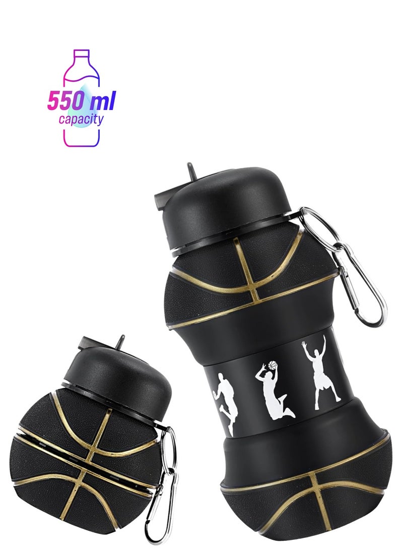 Oasisgalore Kids Collapsible Basketball Water Bottle - BPA-Free, Leakproof & Lightweight (550ml, Black)  - Image 1