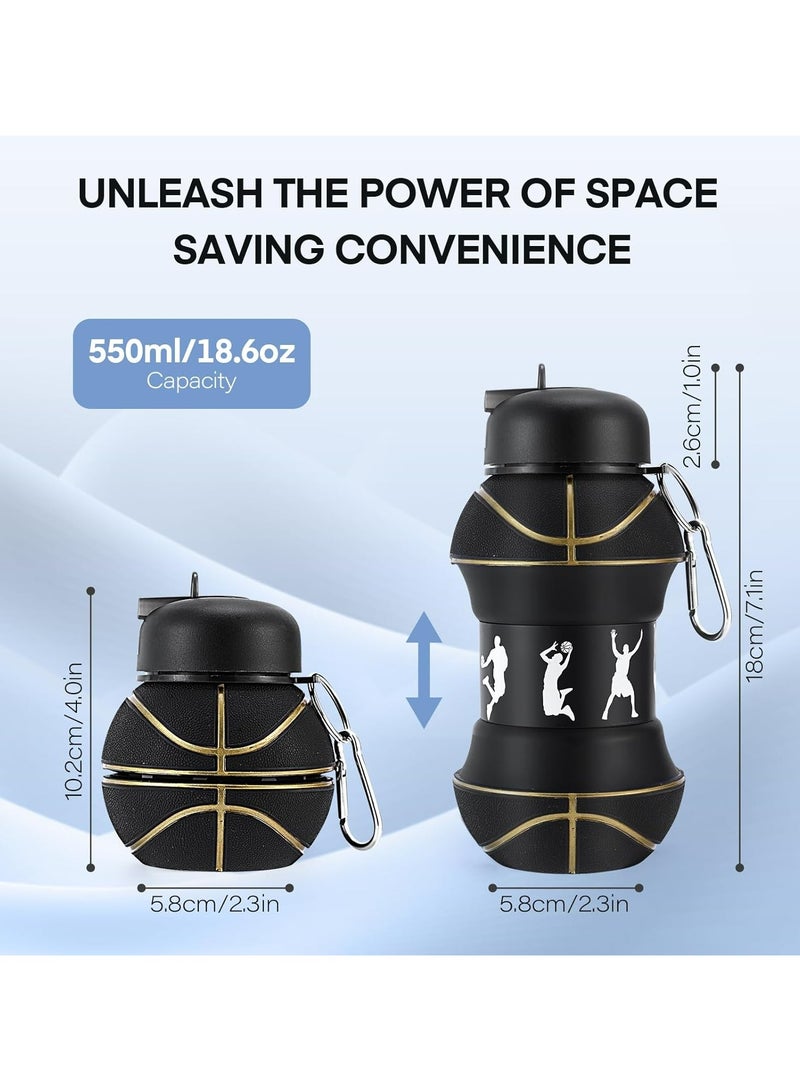 Oasisgalore Kids Collapsible Basketball Water Bottle - BPA-Free, Leakproof & Lightweight (550ml, Black)  - Image 2