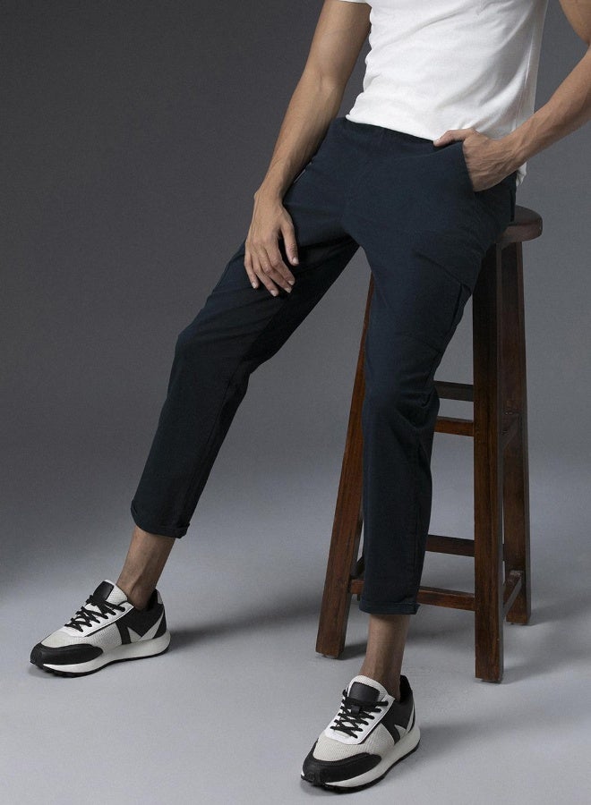 HIGH STAR Men's Navy Cotton Blend Solid Pattern Full Length Cargo Slim Fit Trouser  - Image 1