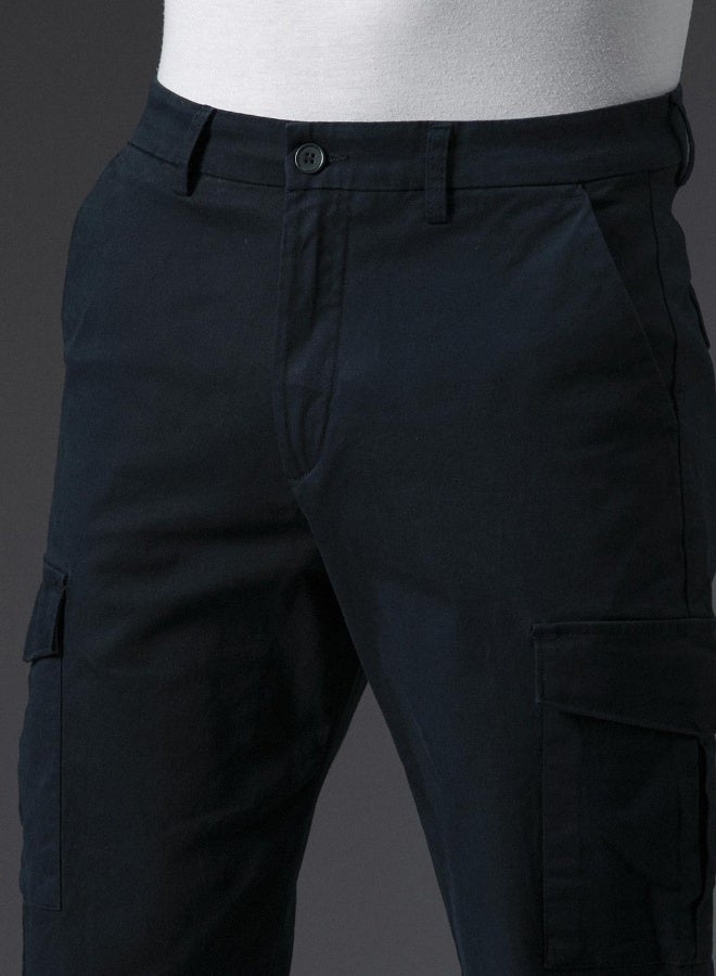 HIGH STAR Men's Navy Cotton Blend Solid Pattern Full Length Cargo Slim Fit Trouser  - Image 3