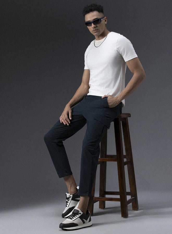 HIGH STAR Men's Navy Cotton Blend Solid Pattern Full Length Cargo Slim Fit Trouser  - Image 4