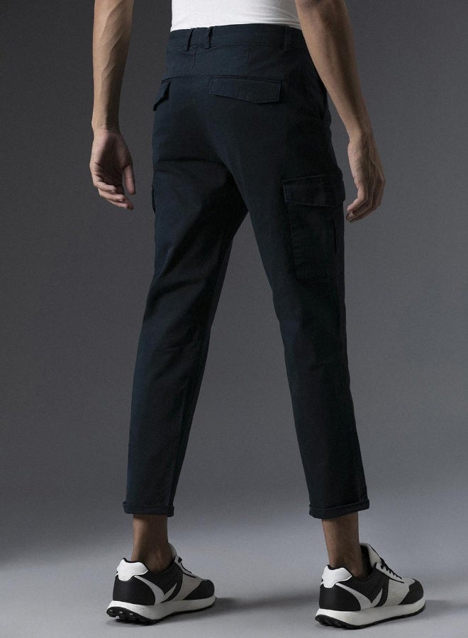 HIGH STAR Men's Navy Cotton Blend Solid Pattern Full Length Cargo Slim Fit Trouser  - Image 5