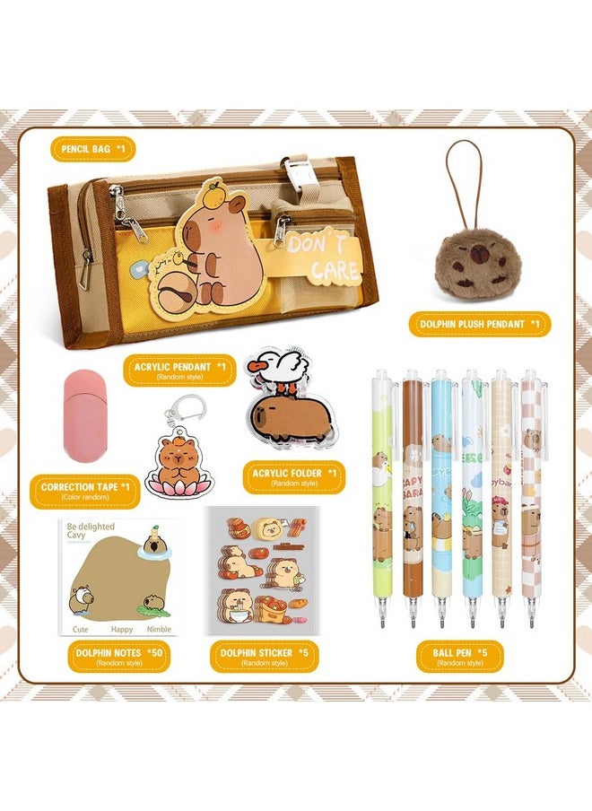 Climberty Climberty® Capybara Stationery Set for Students & School Gift, 64 Pcs Adorable Cartoon Supplies with Pens, Pencil Bag, Stickers, Correction Tape, Sticky Notes & Capybara Backpack Charm  - Image 2