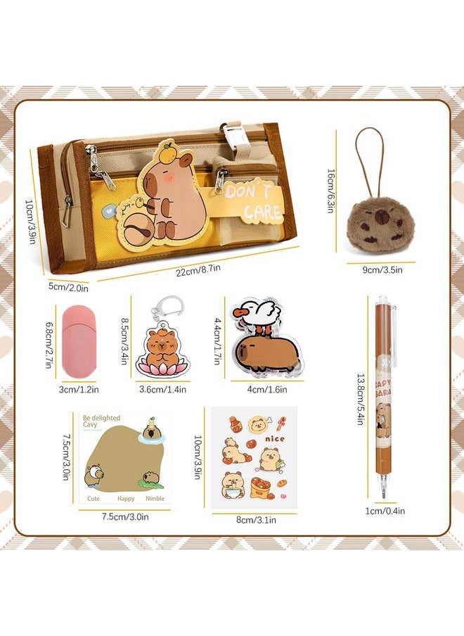 Climberty Climberty® Capybara Stationery Set for Students & School Gift, 64 Pcs Adorable Cartoon Supplies with Pens, Pencil Bag, Stickers, Correction Tape, Sticky Notes & Capybara Backpack Charm  - Image 3