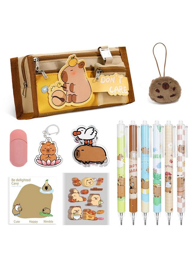 Climberty Climberty® Capybara Stationery Set for Students & School Gift, 64 Pcs Adorable Cartoon Supplies with Pens, Pencil Bag, Stickers, Correction Tape, Sticky Notes & Capybara Backpack Charm  - Image 1