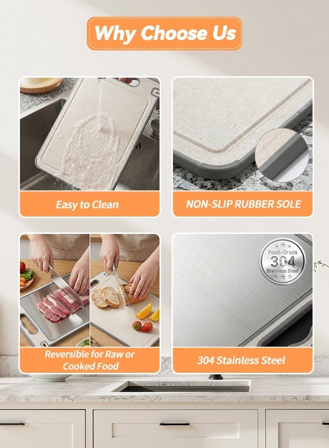 BASILKIT Double Sided Cutting Board - 304 Stainless Steel & Wheat Straw, Antibacterial Kitchen Chopping Board with Non-Slip TPR Edge & Hanging Handle for Meat, Vegetables, Fruits (36.5x25x1cm) - Image 4