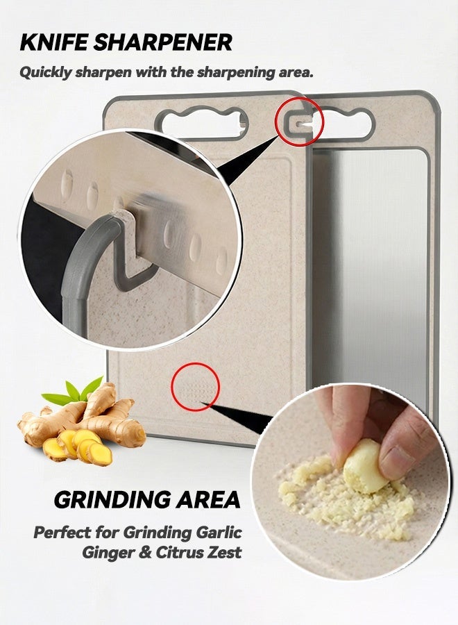 BASILKIT Double Sided Cutting Board - 304 Stainless Steel & Wheat Straw, Antibacterial Kitchen Chopping Board with Non-Slip TPR Edge & Hanging Handle for Meat, Vegetables, Fruits (36.5x25x1cm) - Image 3