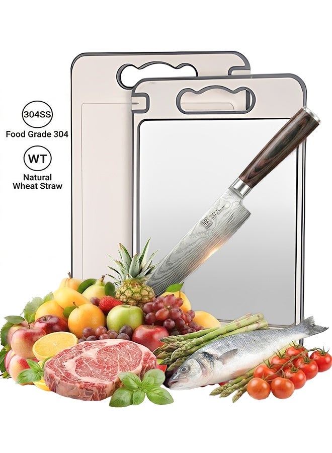 BASILKIT Double Sided Cutting Board - 304 Stainless Steel & Wheat Straw, Antibacterial Kitchen Chopping Board with Non-Slip TPR Edge & Hanging Handle for Meat, Vegetables, Fruits (36.5x25x1cm) - Image 1