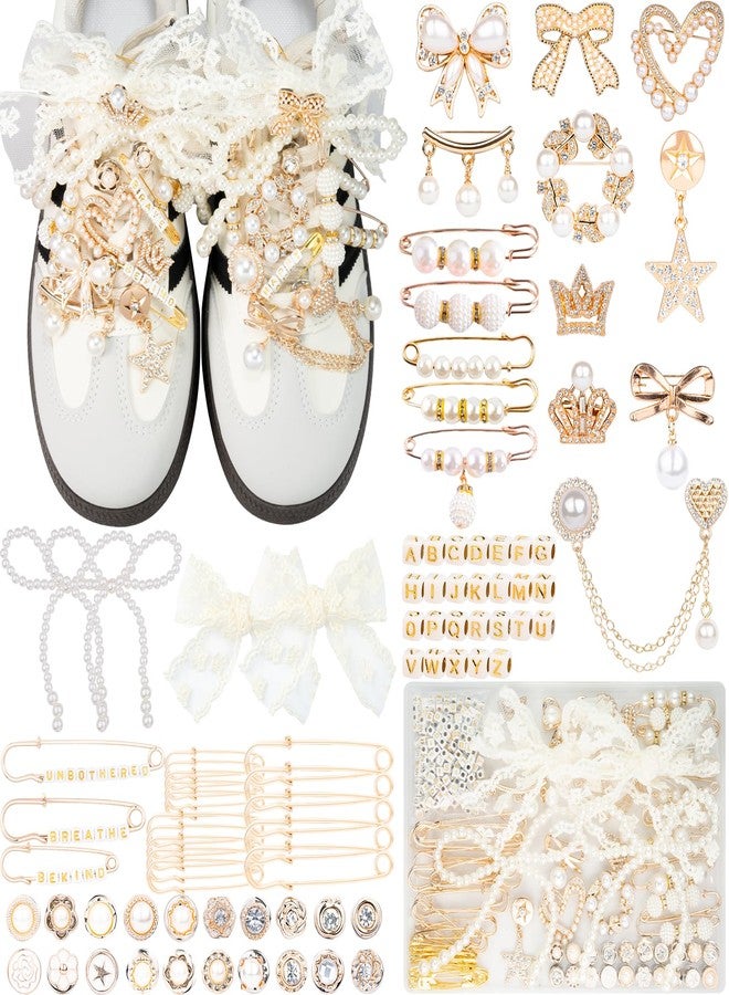 Deinduser Shoe Charms for Sneakers, Junk Socks Charms Kit for Women, Bling Junk Sneaker Charm Set, Gold Shoelace Charm with Pearl Bows and Letters, Metal, No Gemstone - Image 1