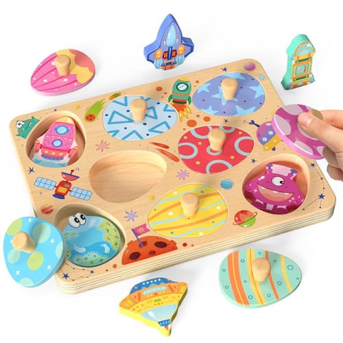 Zeoddler Wooden Puzzles for Toddlers 8 Pcs Space Matching Egg Puzzle Solar System for Kids Montessori Toys for Boy Girl Easter Birthday Gifts Educational Toys for Boys Girls - Image 1