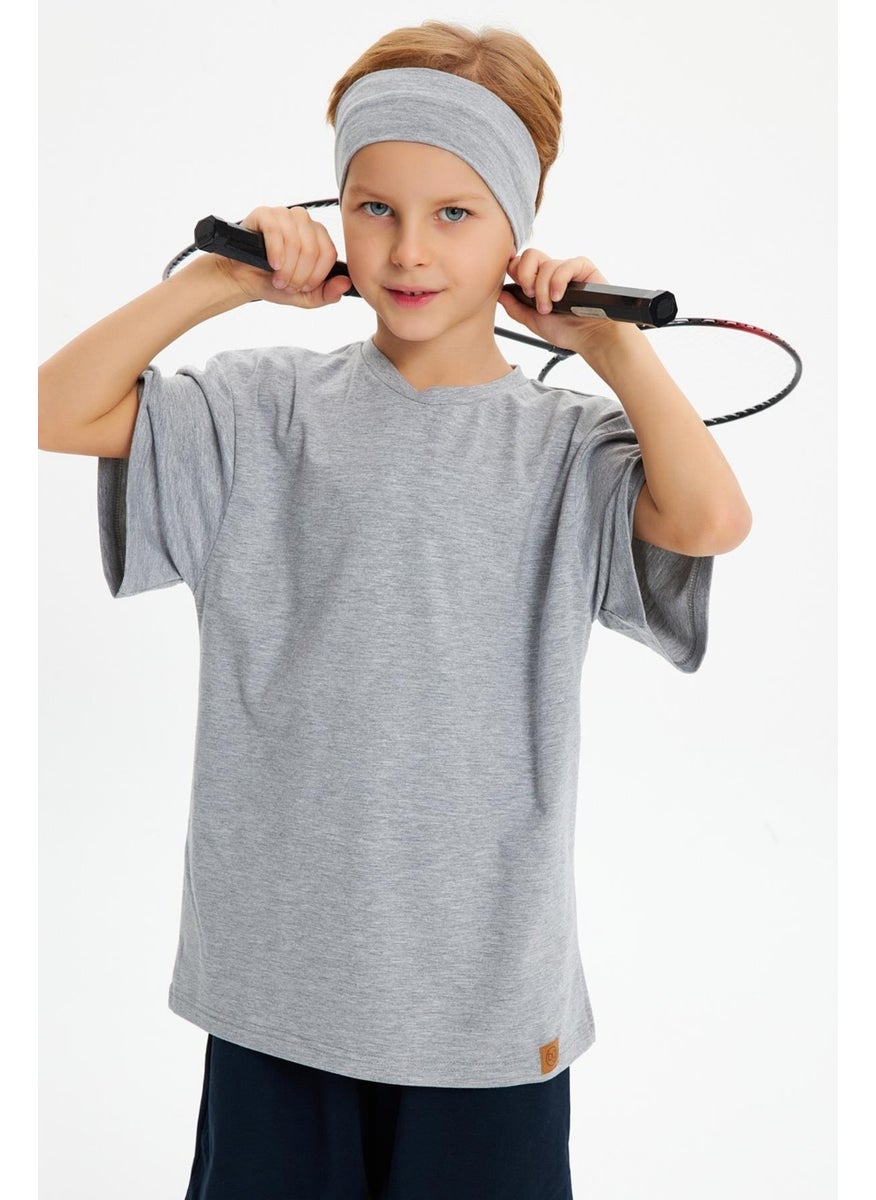 Babygiz Gray-Navy Blue Boy's Cotton Combed Oversize Gray T-Shirt Gray Bandana 2-Piece Set  - Image 1