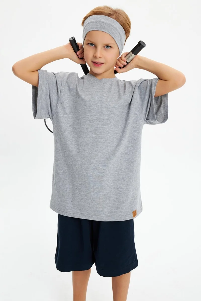 Babygiz Gray-Navy Blue Boy's Cotton Combed Oversize Gray T-Shirt Gray Bandana 2-Piece Set