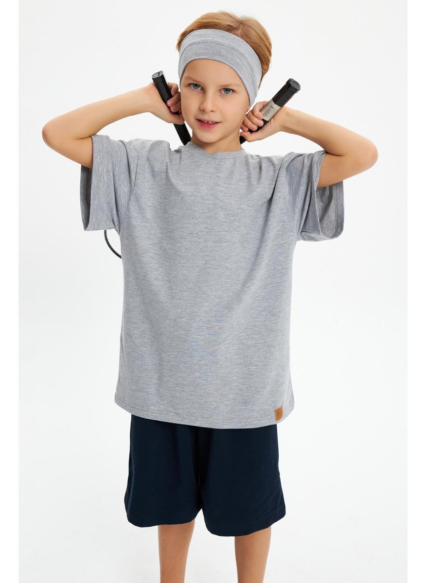 Babygiz Gray-Navy Blue Boy's Cotton Combed Oversize Gray T-Shirt Gray Bandana 2-Piece Set  - Image 5
