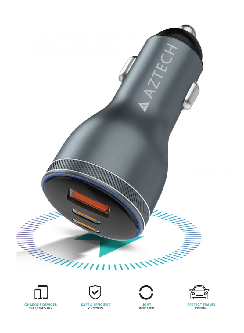 Aztech محول شاحن السيارة AZTECH Hypercharger 95W GaN مع 3 منافذ، 2 USB TYPE-C و 1 USB-A - شحن سريع للهواتف الذكية، والأجهزة اللوحية، وأجهزة الكمبيوتر المحمولة، والمزيد | AZTG2C1A-95W - Image 1