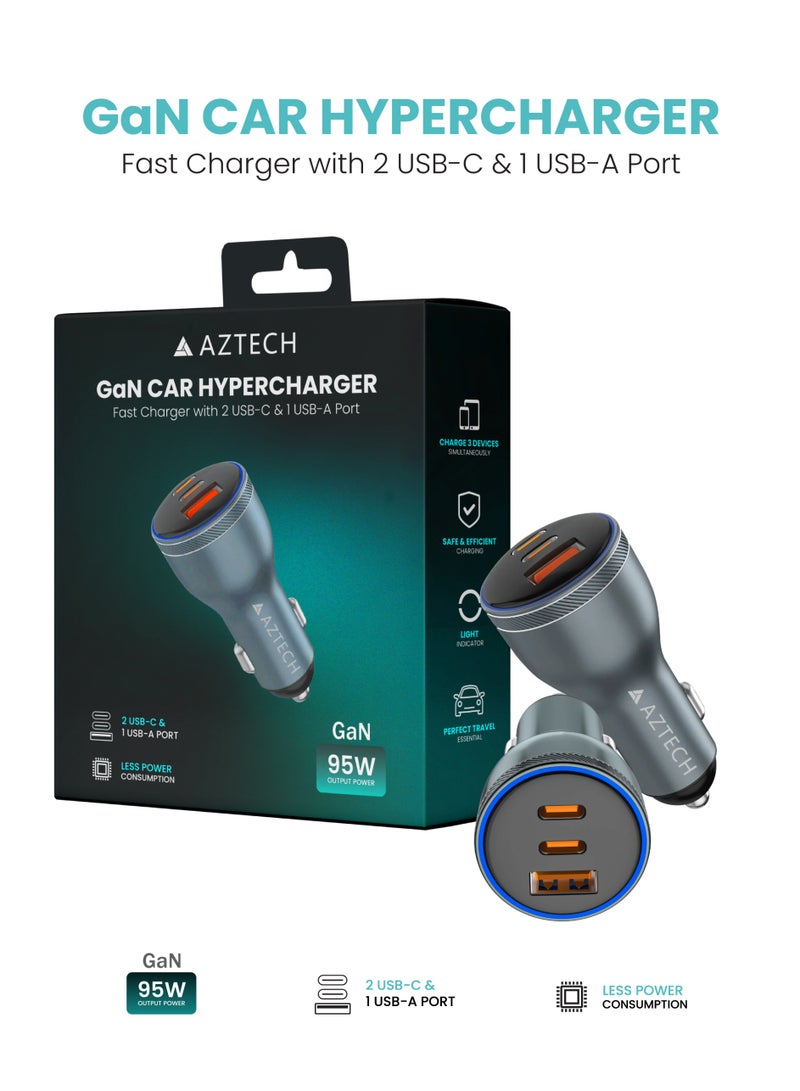 Aztech محول شاحن السيارة AZTECH Hypercharger 95W GaN مع 3 منافذ، 2 USB TYPE-C و 1 USB-A - شحن سريع للهواتف الذكية، والأجهزة اللوحية، وأجهزة الكمبيوتر المحمولة، والمزيد | AZTG2C1A-95W - Image 2