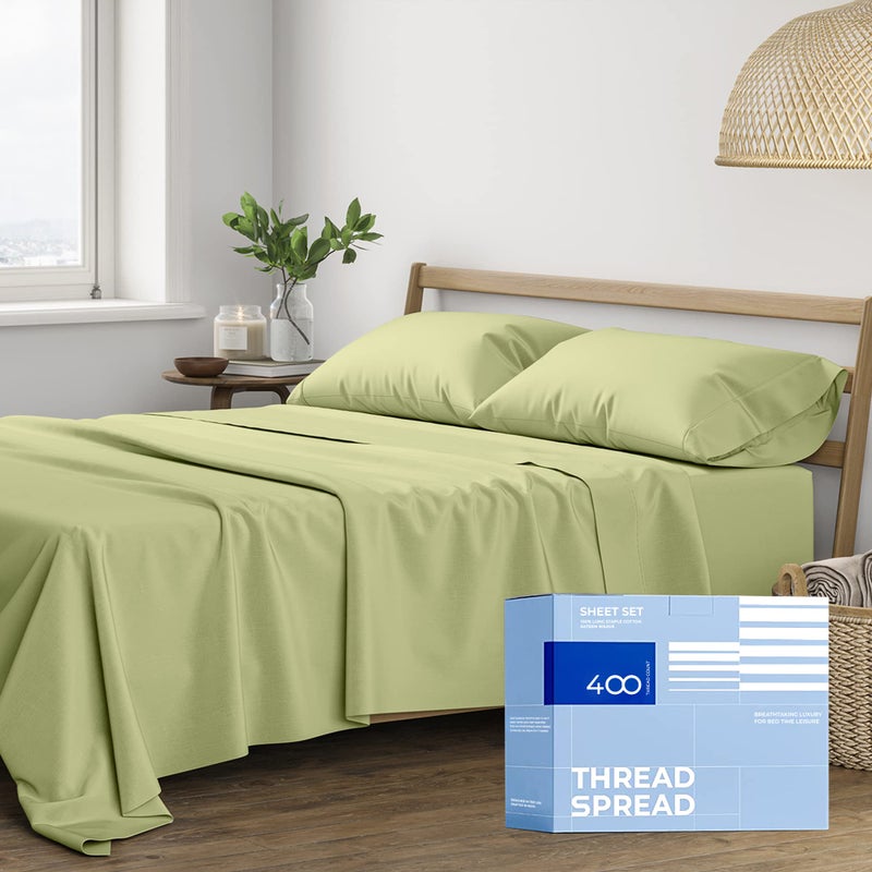 THREAD SPREAD 100 Cotton Sheets Twin Size  400 Thread Count Cotton Bed Sheets Twin 3 PC Set Sage Green Luxury Soft Breathable Cooling Sateen Weave 16 Deep Pocket Bedsheet for Dorm Rooms