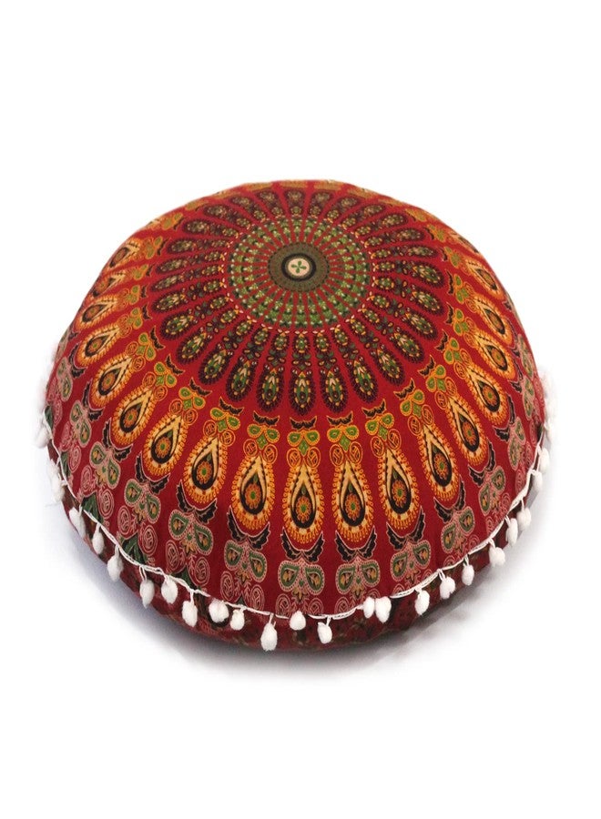 CRAFT KALA 22 Inch Round Mandala Floor Pillow Cushion Cover Seating Throw Cover Hippie Decorative Bohemian Ottoman Poufs Pom Pom Pillow Cases Boho Cotton Living Room Yoga Home Décor (Red Mirchi) - Image 1