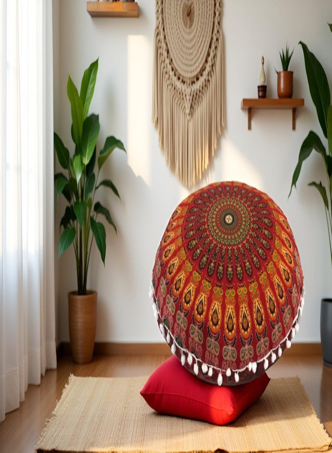CRAFT KALA 22 Inch Round Mandala Floor Pillow Cushion Cover Seating Throw Cover Hippie Decorative Bohemian Ottoman Poufs Pom Pom Pillow Cases Boho Cotton Living Room Yoga Home Décor (Red Mirchi) - Image 3