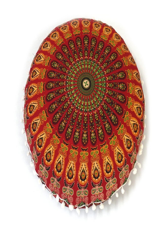 CRAFT KALA 22 Inch Round Mandala Floor Pillow Cushion Cover Seating Throw Cover Hippie Decorative Bohemian Ottoman Poufs Pom Pom Pillow Cases Boho Cotton Living Room Yoga Home Décor (Red Mirchi) - Image 4