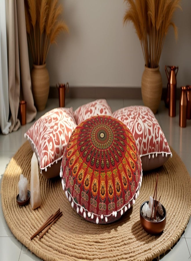 CRAFT KALA 22 Inch Round Mandala Floor Pillow Cushion Cover Seating Throw Cover Hippie Decorative Bohemian Ottoman Poufs Pom Pom Pillow Cases Boho Cotton Living Room Yoga Home Décor (Red Mirchi) - Image 2