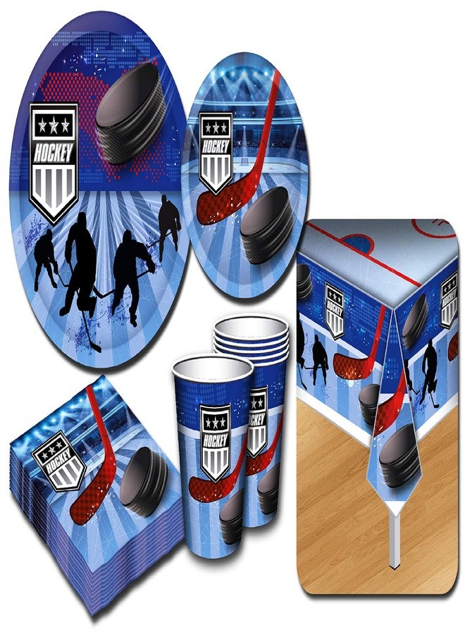 Matty's Toy Stop Deluxe Hockey Theme Party Supplies Set for 20 People, Includes 20 Large Plates, 20 Small Plates, 20 Napkins, 20 Cups & 2 Table Covers - Perfect for Gameday or Birthday (82 Pieces Total) - Image 1