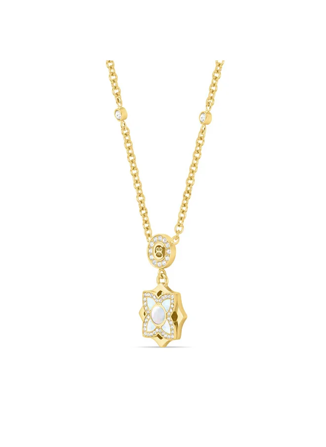 CERRUTI 1881 Ottavia Gold-Plated Necklace, White Mother of Pearl Floral Pendant, Crystal-Embellished CRR Logo, Elegant Jewelry for Women