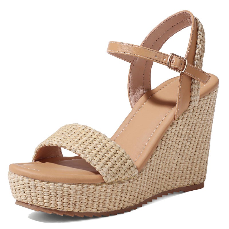 mikarka Women's Espadrille Wedge Sandals: Ankle Strap Platform Open Toe Wedges - Stylish High Heel Dressy Summer Wedges for Women, Inspired by Espadrilles Brown Raffia Size 10 - Image 1