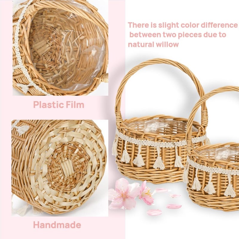 WRINGKIT 2 Pack Flower Girl Basket, Small Wicker Basket with Silk Petals, White Ribbon, Plastic Liner, Decorative Woven Willow Rattan Basket for Wedding, Gifts, Camping, Home Decor - Image 3