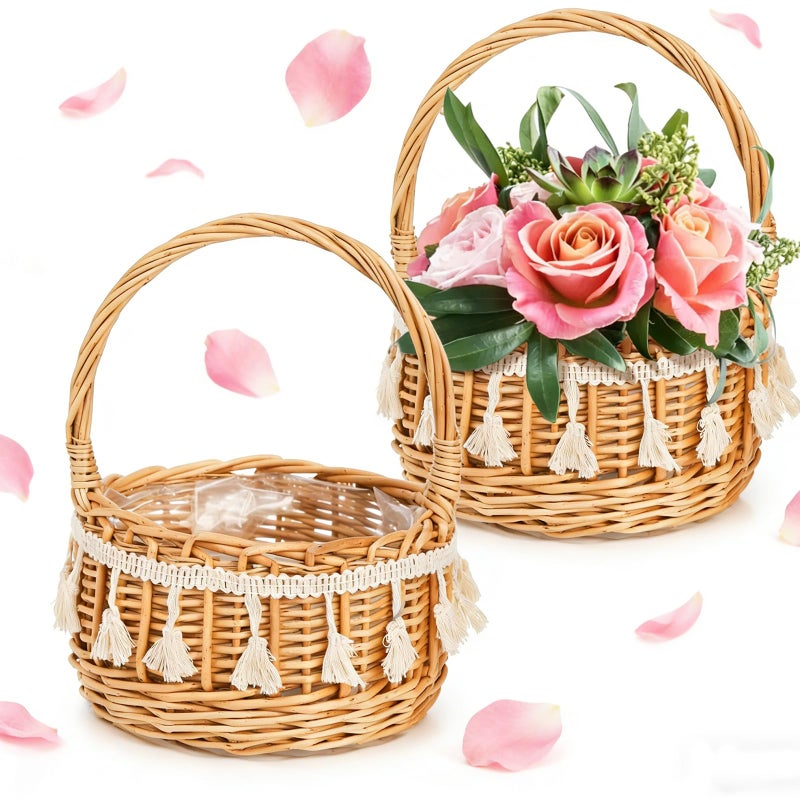 WRINGKIT 2 Pack Flower Girl Basket, Small Wicker Basket with Silk Petals, White Ribbon, Plastic Liner, Decorative Woven Willow Rattan Basket for Wedding, Gifts, Camping, Home Decor - Image 1
