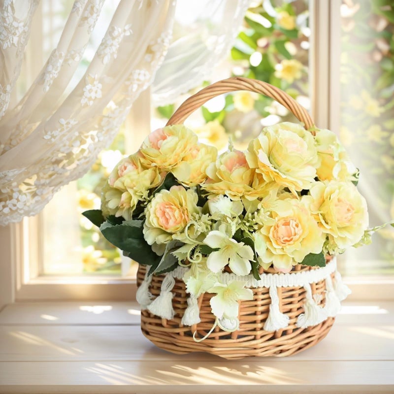 WRINGKIT 2 Pack Flower Girl Basket, Small Wicker Basket with Silk Petals, White Ribbon, Plastic Liner, Decorative Woven Willow Rattan Basket for Wedding, Gifts, Camping, Home Decor - Image 4