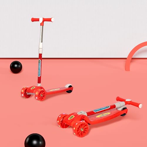 CANDYKRAFT Kids Foldable Kick Scooter with 4 Level Adjustable Height & LED PU Wheels | for Ages 3-14 Years | Rear Brake | 50 kg Weight Capacity | Color Red - Image 1