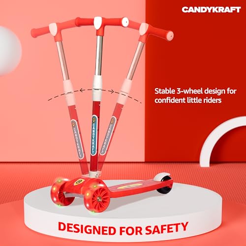 CANDYKRAFT Kids Foldable Kick Scooter with 4 Level Adjustable Height & LED PU Wheels | for Ages 3-14 Years | Rear Brake | 50 kg Weight Capacity | Color Red - Image 3
