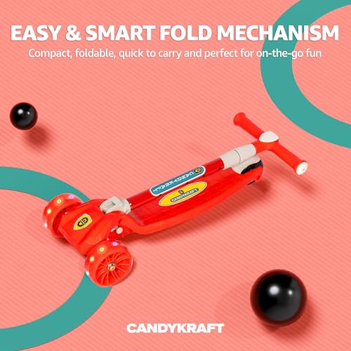CANDYKRAFT Kids Foldable Kick Scooter with 4 Level Adjustable Height & LED PU Wheels | for Ages 3-14 Years | Rear Brake | 50 kg Weight Capacity | Color Red - Image 4