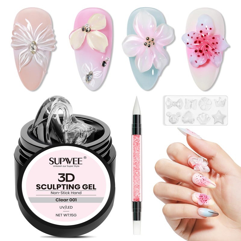 SUPWEE 3D Gel for Nail Art, Clear Sculpting Solid Hard Gel for Nails Non-Sticky for Carving Building Extension with Nail Art Pen Home DIY Manicure - Image 1