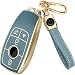 Lucrum Compatible with Mercedes Benz Key Fob Cover Leather Keychain TPU Keyfob Case for A C CLA CLS E G GLA GLE SClass 20192023 Blue and Gold - Image 2