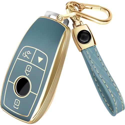Lucrum Compatible with Mercedes Benz Key Fob Cover Leather Keychain TPU Keyfob Case for A C CLA CLS E G GLA GLE SClass 20192023 Blue and Gold - Image 1