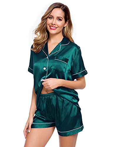 LecGee Womens Pajamas Set Silk Satin Sleepwear Short Sleeve Nightwear Button Down Pj Lounge - Image 3