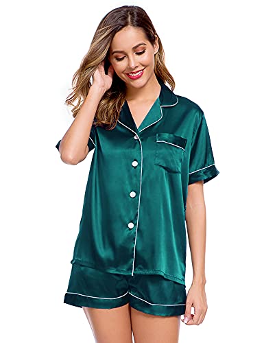 LecGee Womens Pajamas Set Silk Satin Sleepwear Short Sleeve Nightwear Button Down Pj Lounge - Image 2