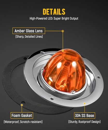 Partsam 2Pcs Amber Glass Lens Watermelon Lights Kit LED Side Marker Turn Signal Lights with Stainless Steel Bezel and Base Replacement for Peterbilt Freightliner Trucks Trailers RVs Motohomes - Image 3