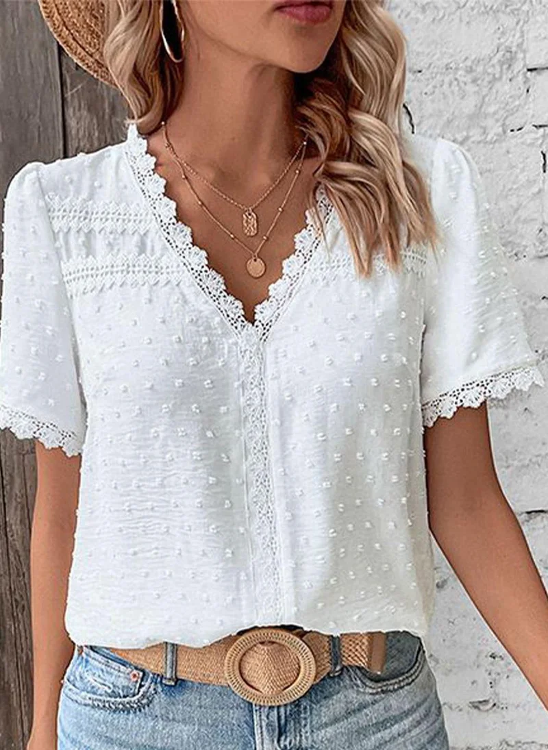 YUNIQEE White V-Neck Short Sleeves Printed Top