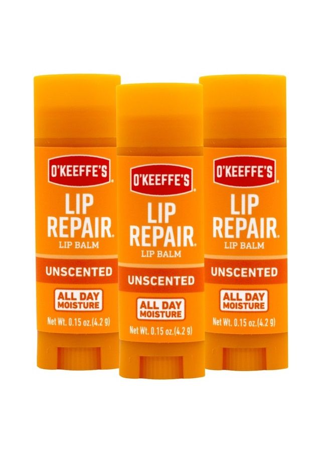 O'Keeffe's Unscented Lip Repair Lip Balm for Dry, Cracked Lips, Stick, (Pack of 3)  - Image 1