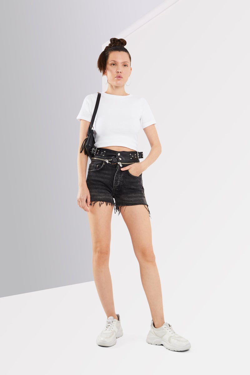 THE KOOPLES Women Pull On Textured Denim Shorts, Black - Image 3