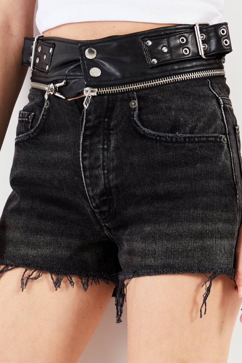 THE KOOPLES Women Pull On Textured Denim Shorts, Black - Image 2
