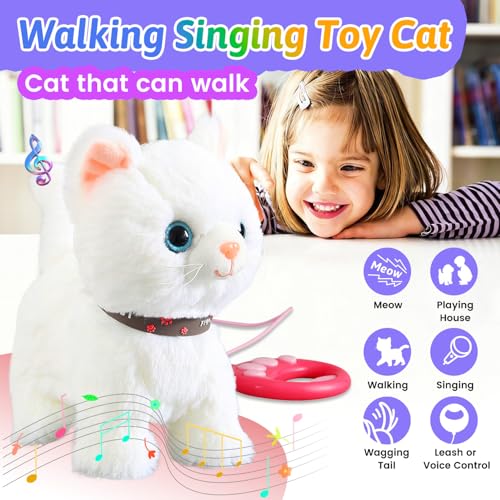 Marsjoy White Leash Walking Cat Set Singing That Purrs and Meows Animated Plush Robot Kitten Pet Moving Plush Realistic Stuffed Animal Remote Control Cute Kawai Robotic Kitty Toy for Kid - Image 5