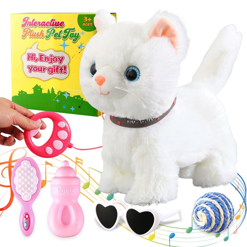 Marsjoy White Leash Walking Cat Set Singing That Purrs and Meows Animated Plush Robot Kitten Pet Moving Plush Realistic Stuffed Animal Remote Control Cute Kawai Robotic Kitty Toy for Kid - Image 3