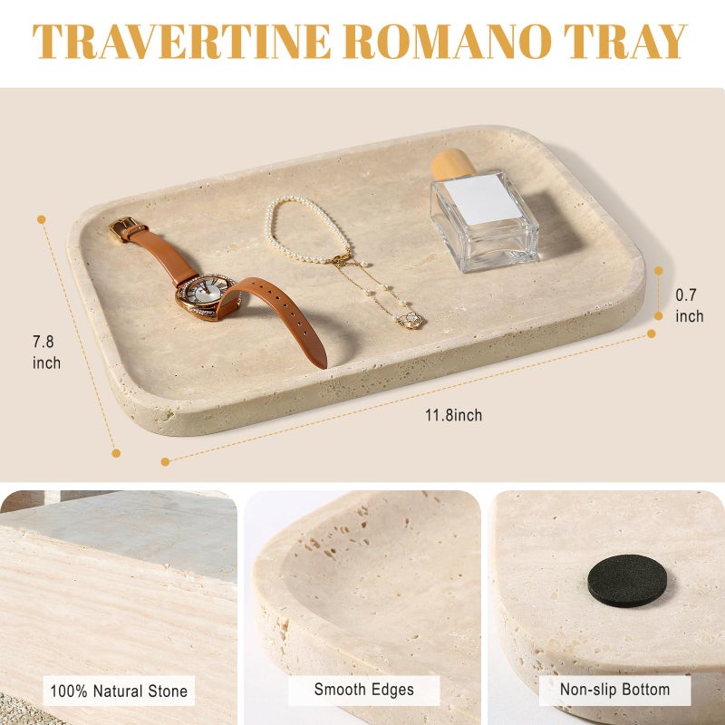 Koville Romano Travertine Tray, 12"x8" Natural Stone Vanity Tray for Countertop Bathroom Kitchen Dresser, Decorative Marble Catchall Trays for Perfume Jewelry, Rectangular Serving Tray(Beige) - Image 2